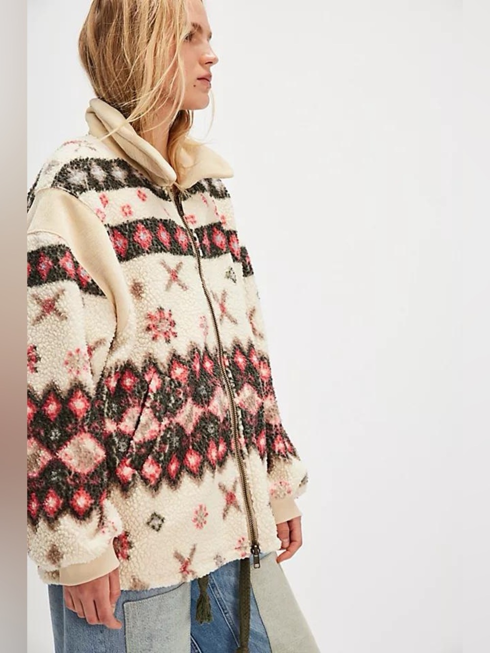 Free People Cats Meow Oversized Zip-Up Cardi Jacket Shortbread Combo Small - Picture 4 of 11